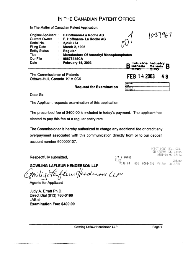Document de brevet canadien 2230774. Poursuite-Amendment 20021214. Image 1 de 1
