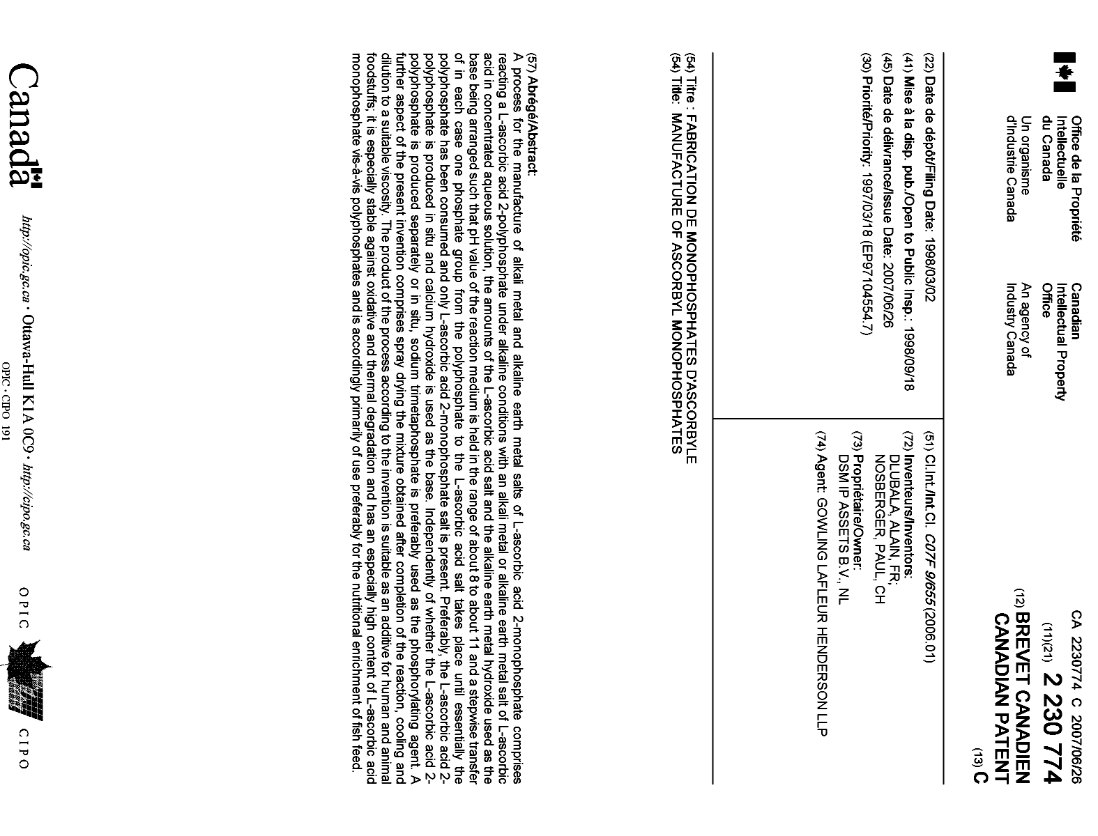 Document de brevet canadien 2230774. Page couverture 20061207. Image 1 de 1