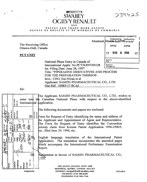 Document de brevet canadien 2230960. Cession 19980302. Image 1 de 13