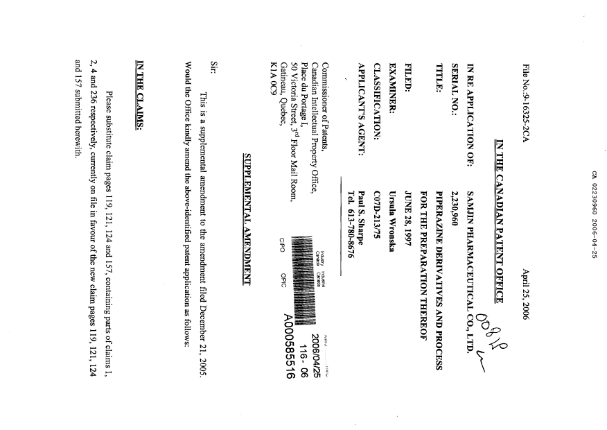 Canadian Patent Document 2230960. Prosecution-Amendment 20060425. Image 1 of 6