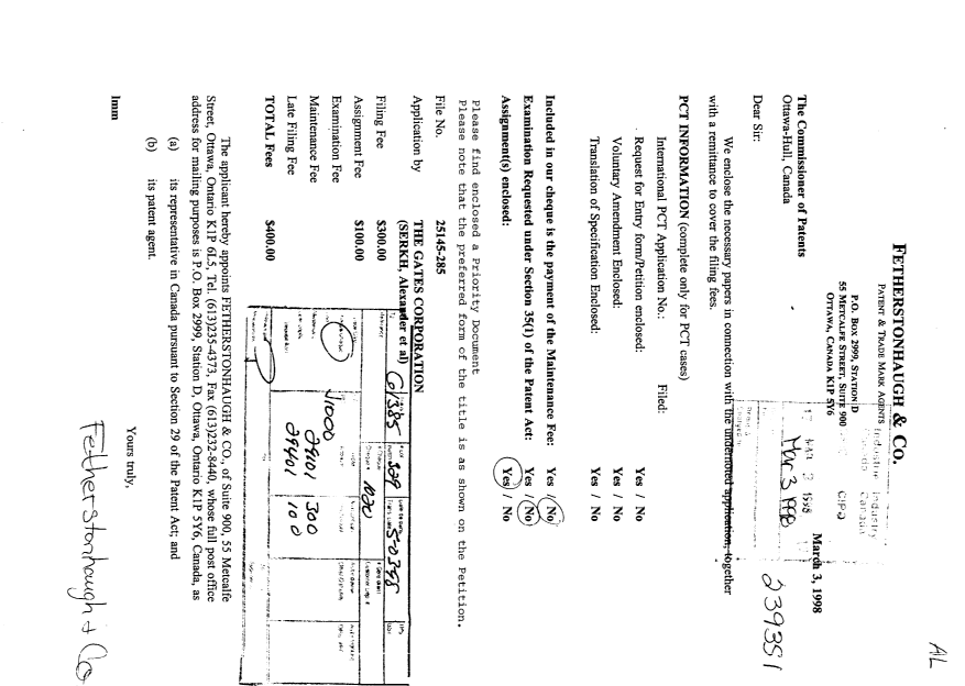 Document de brevet canadien 2231057. Cession 19980303. Image 1 de 5