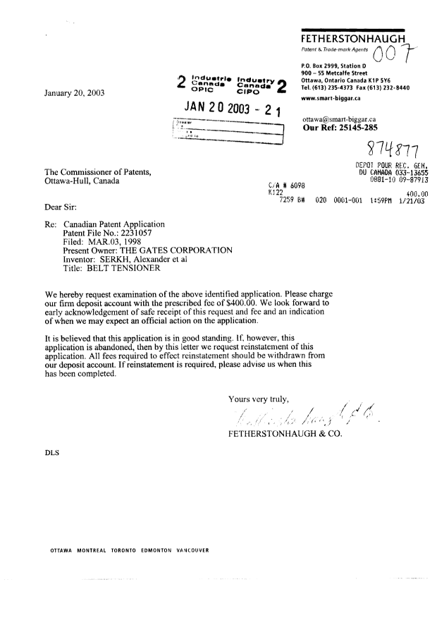 Canadian Patent Document 2231057. Prosecution-Amendment 20030120. Image 1 of 1