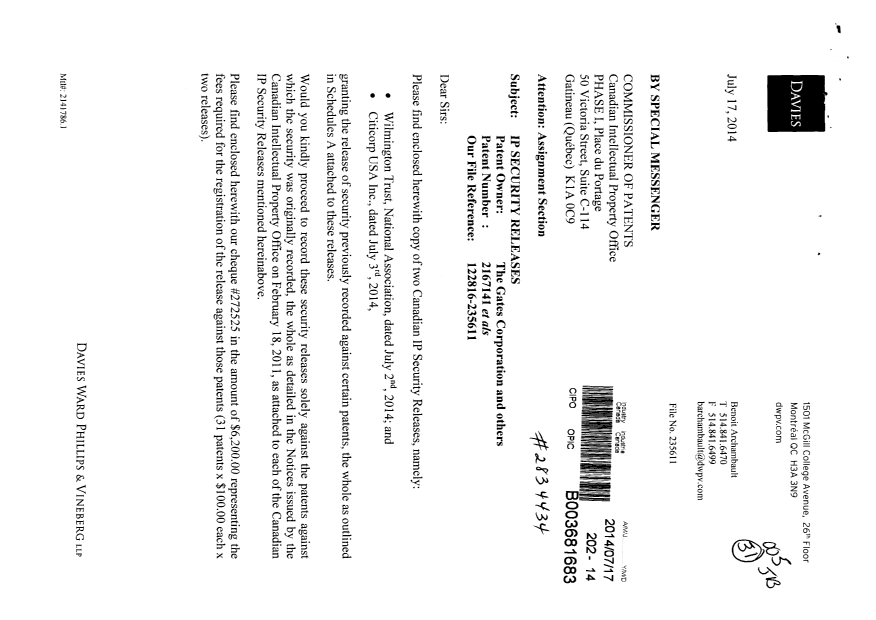 Document de brevet canadien 2231057. Cession 20140717. Image 1 de 21