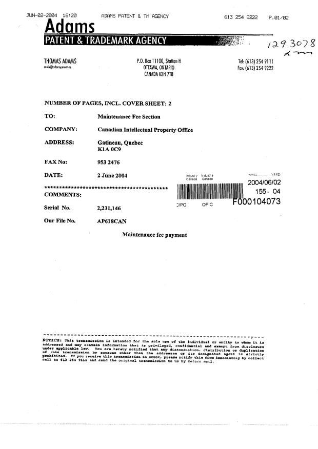 Document de brevet canadien 2231146. Taxes 20040602. Image 2 de 2