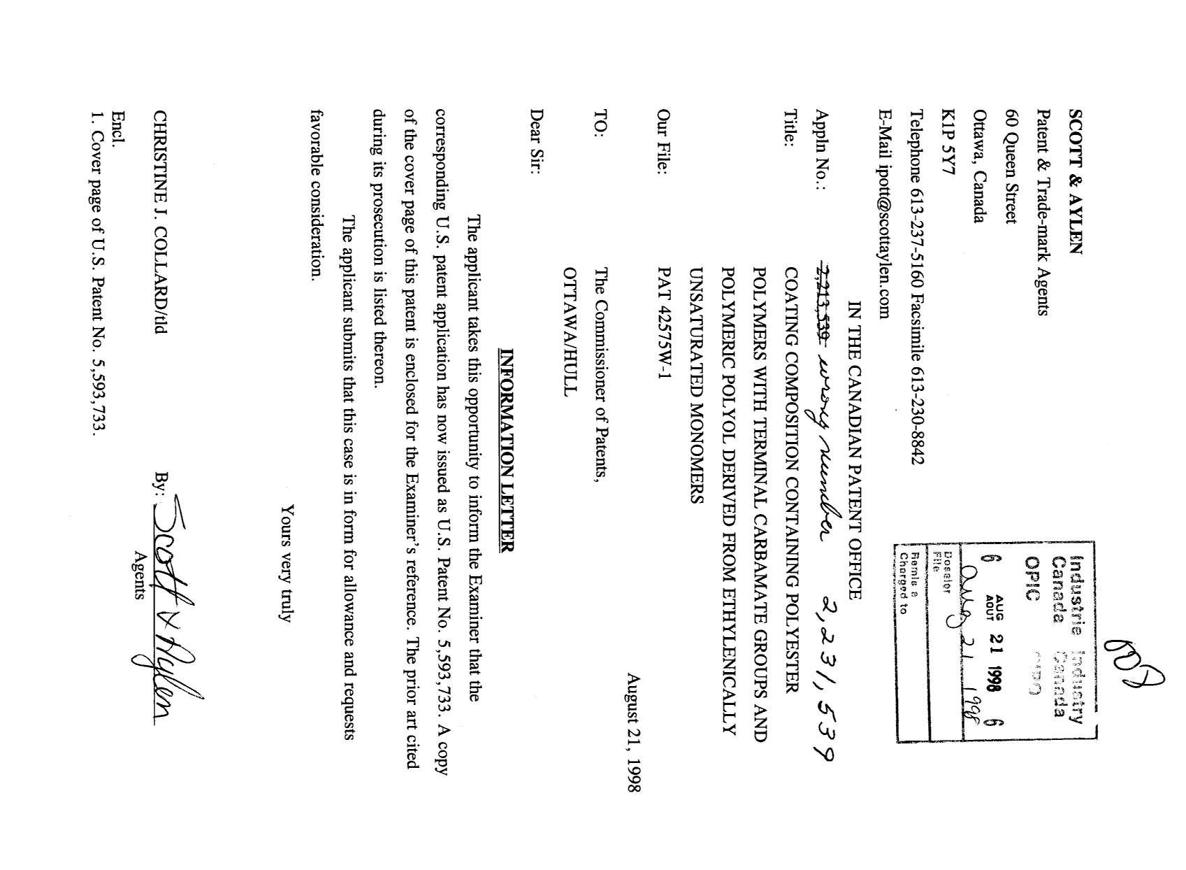 Document de brevet canadien 2231539. Poursuite-Amendment 19980821. Image 1 de 2