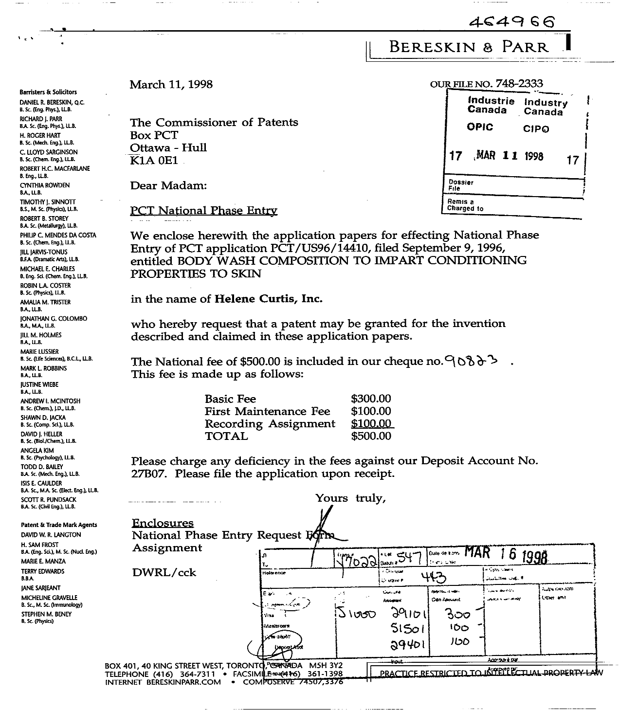Document de brevet canadien 2231809. Cession 19980311. Image 1 de 4