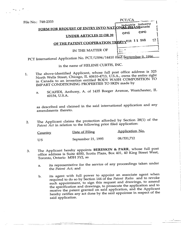 Document de brevet canadien 2231809. Cession 19980311. Image 2 de 4