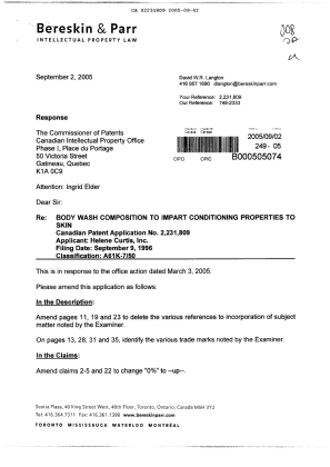 Document de brevet canadien 2231809. Poursuite-Amendment 20050902. Image 1 de 15