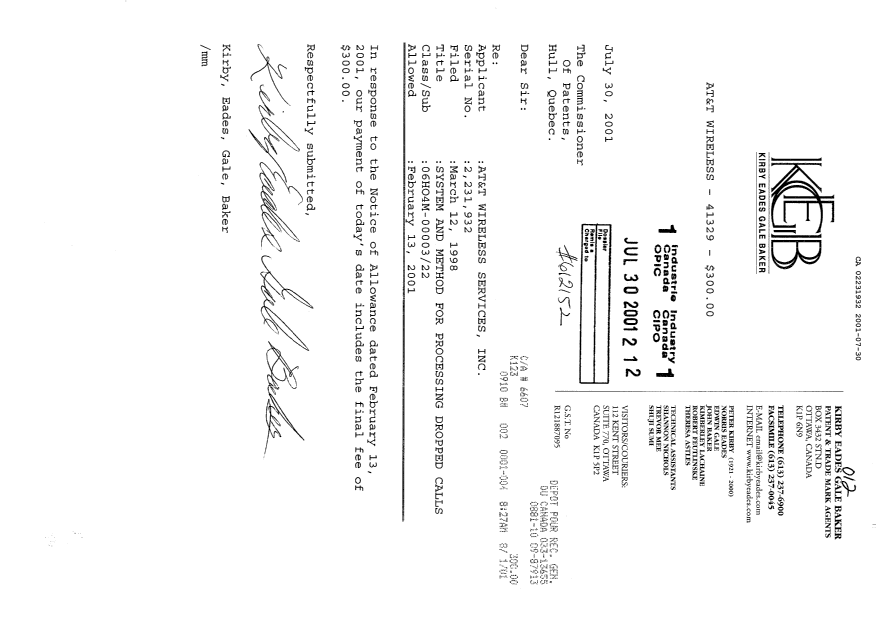 Document de brevet canadien 2231932. Correspondance 20001230. Image 1 de 1