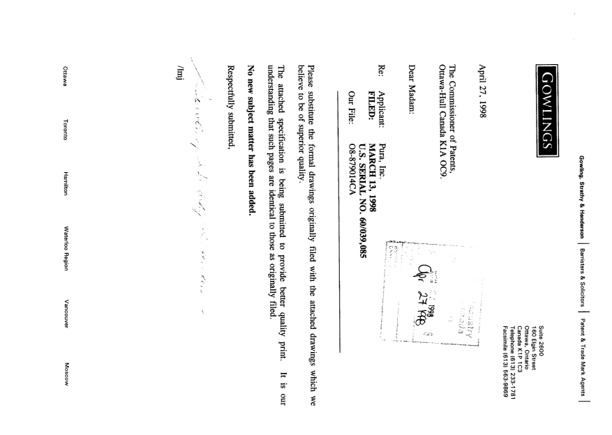 Document de brevet canadien 2231990. Correspondance 19980427. Image 1 de 14