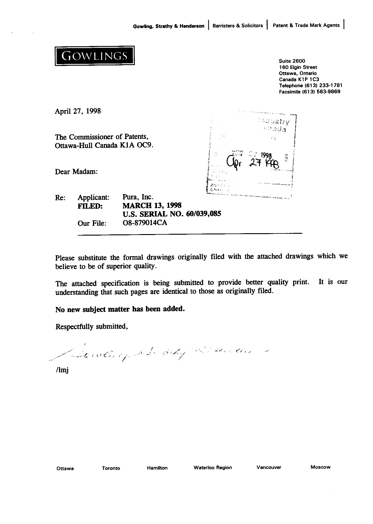 Canadian Patent Document 2231990. Correspondence 19980427. Image 1 of 14