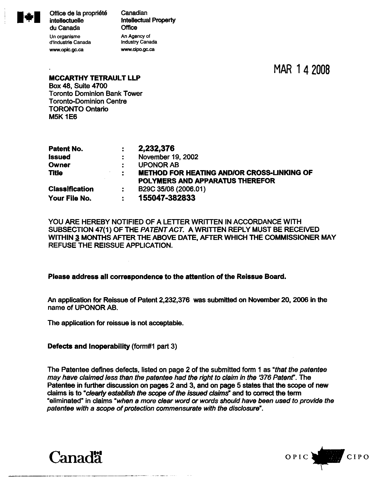 Canadian Patent Document 2232376. Prosecution-Amendment 20071214. Image 1 of 5