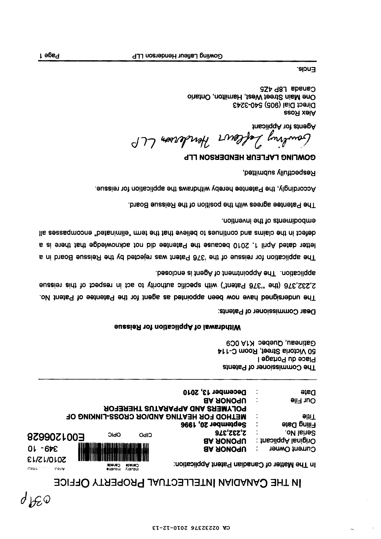 Canadian Patent Document 2232376. Prosecution-Amendment 20091213. Image 1 of 1