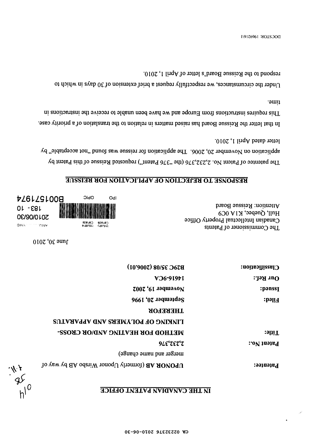 Canadian Patent Document 2232376. Correspondence 20091230. Image 1 of 2