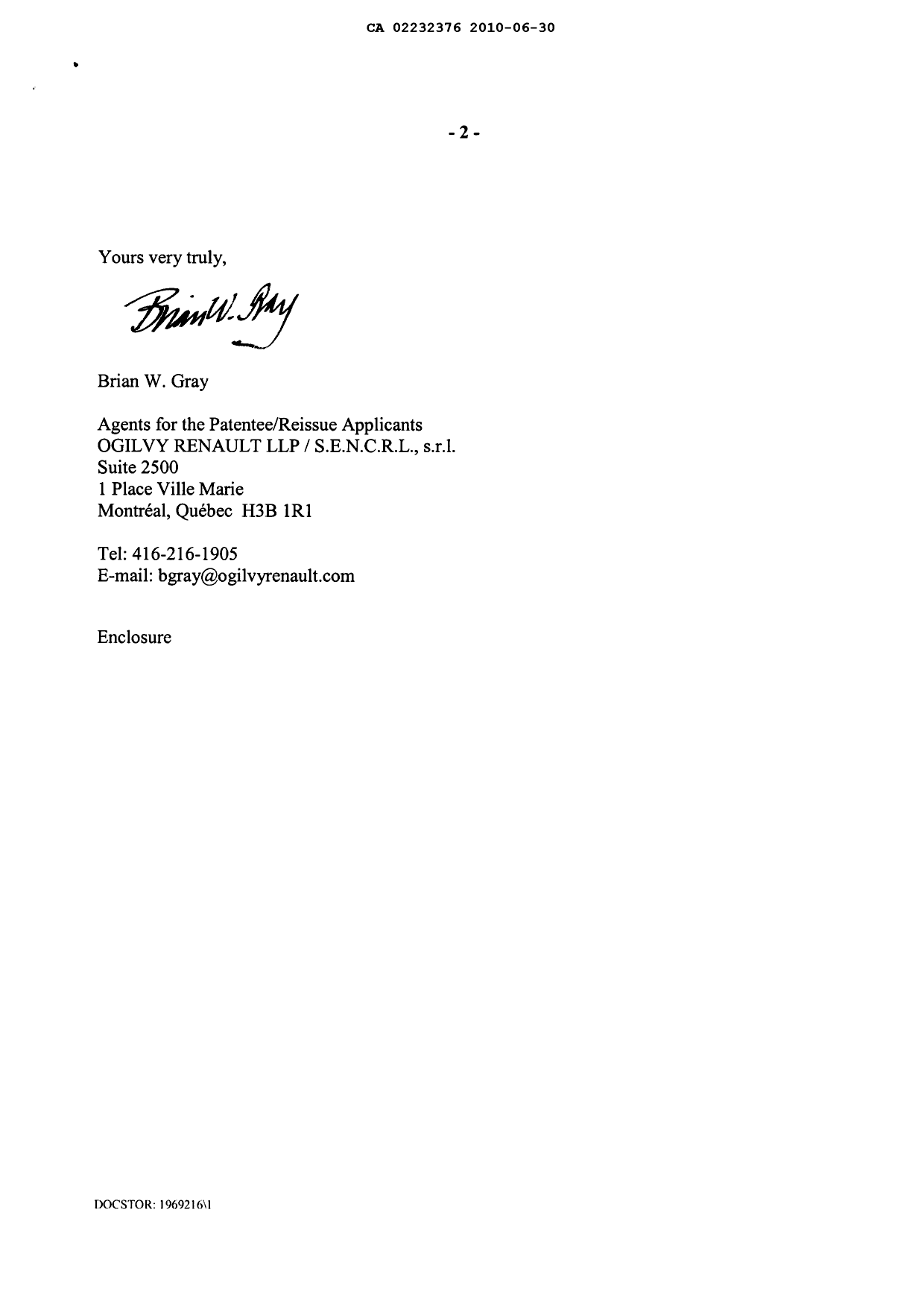 Document de brevet canadien 2232376. Correspondance 20091230. Image 2 de 2
