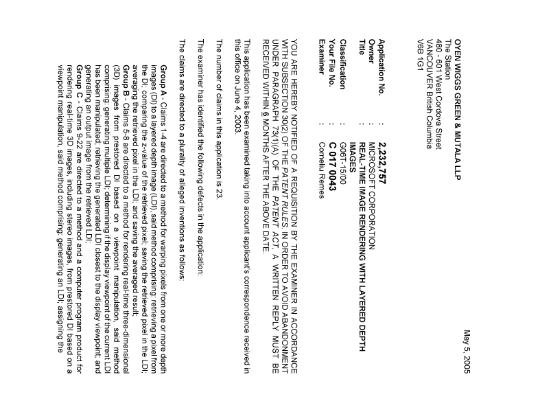 Canadian Patent Document 2232757. Prosecution-Amendment 20050505. Image 1 of 4