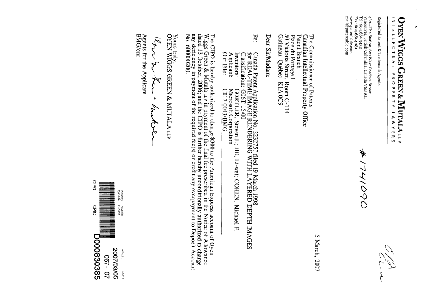 Document de brevet canadien 2232757. Correspondance 20070305. Image 1 de 1