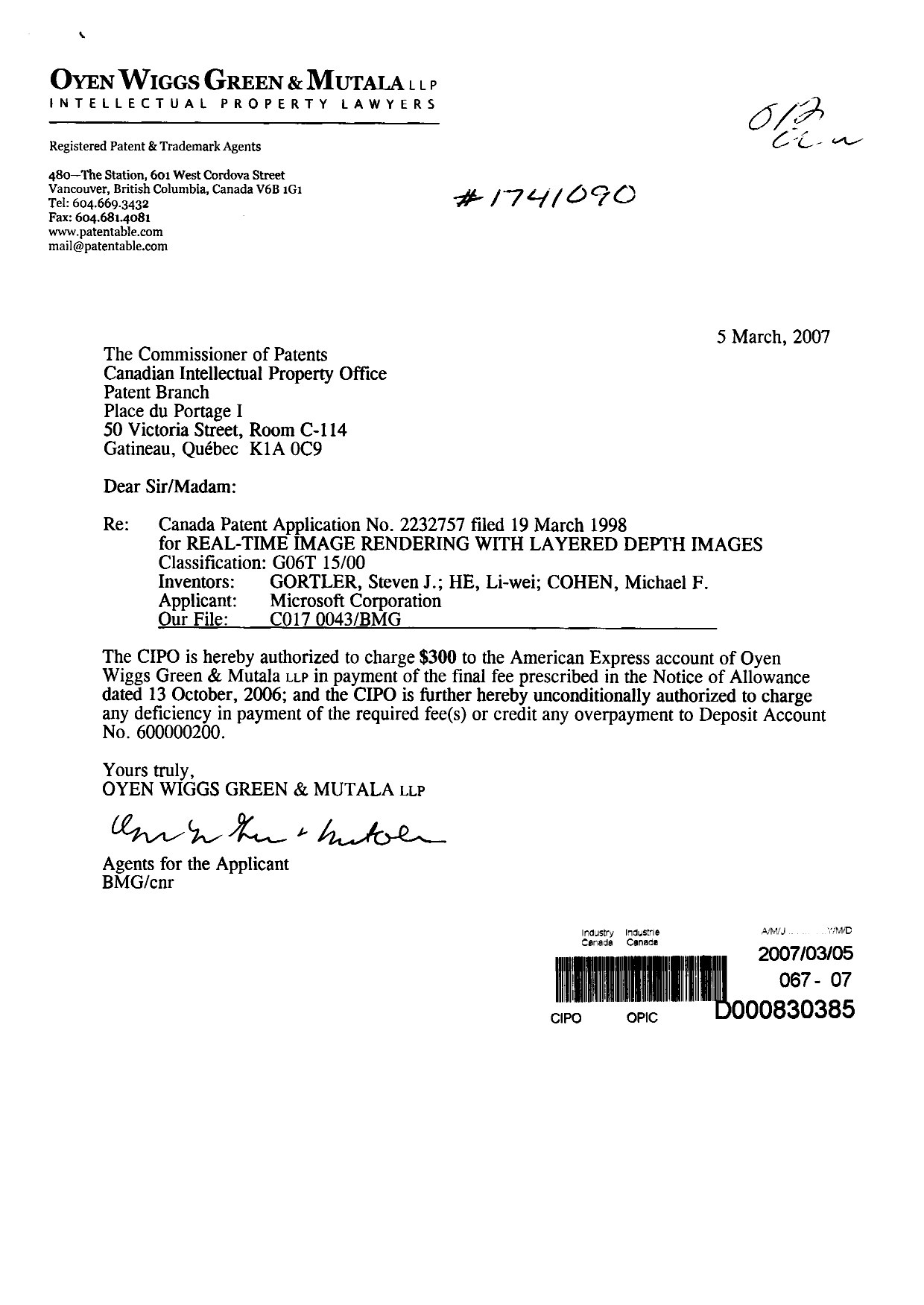 Document de brevet canadien 2232757. Correspondance 20070305. Image 1 de 1