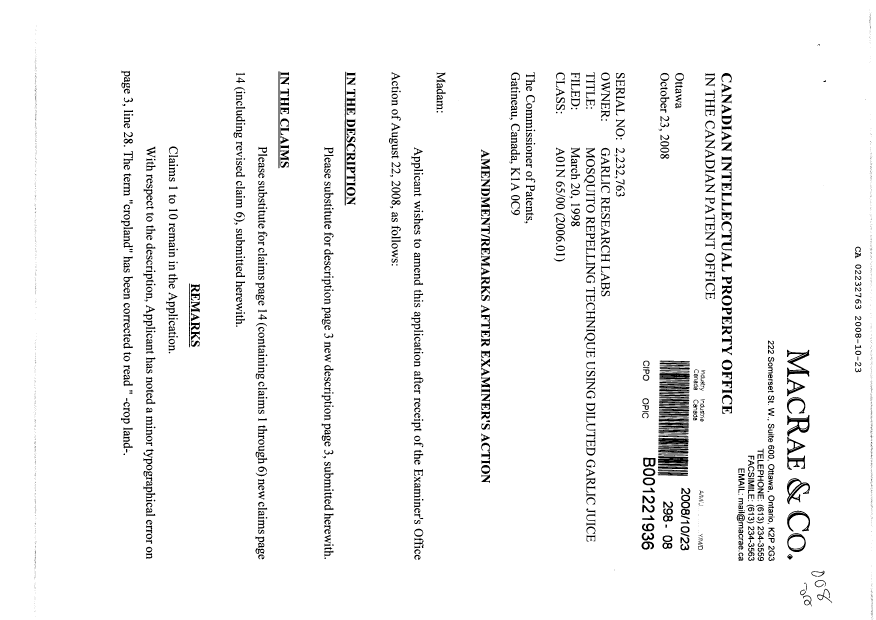 Canadian Patent Document 2232763. Prosecution-Amendment 20071223. Image 1 of 5