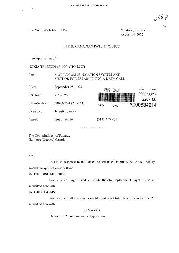 Canadian Patent Document 2232792. Prosecution-Amendment 20060814. Image 1 of 11