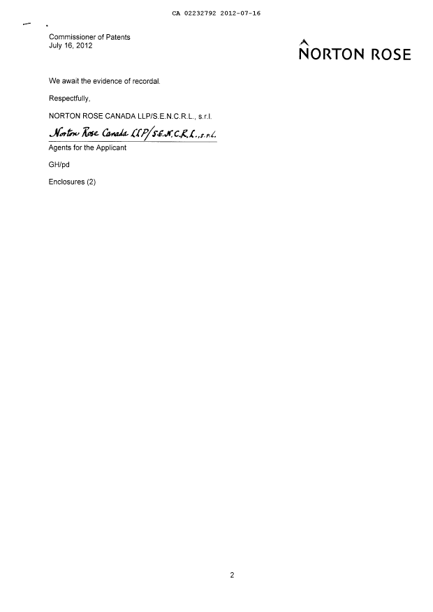 Document de brevet canadien 2232792. Cession 20120716. Image 2 de 23