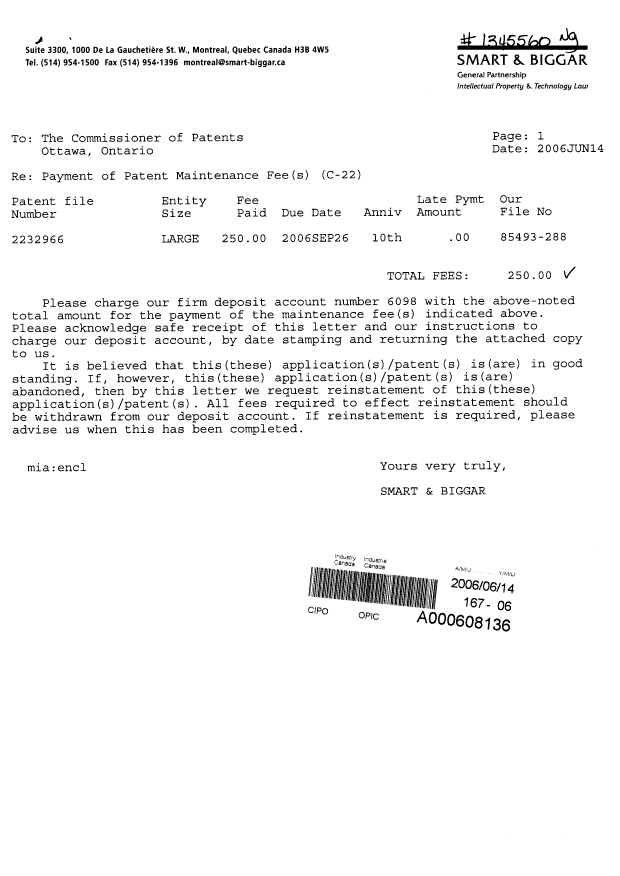 Document de brevet canadien 2232966. Taxes 20060614. Image 1 de 1