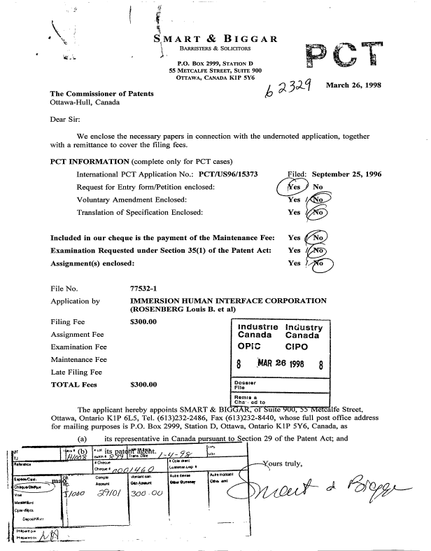 Document de brevet canadien 2233136. Cession 19980326. Image 1 de 2