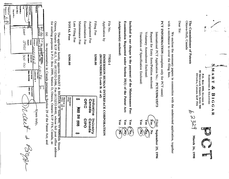 Document de brevet canadien 2233136. Cession 19980326. Image 1 de 2