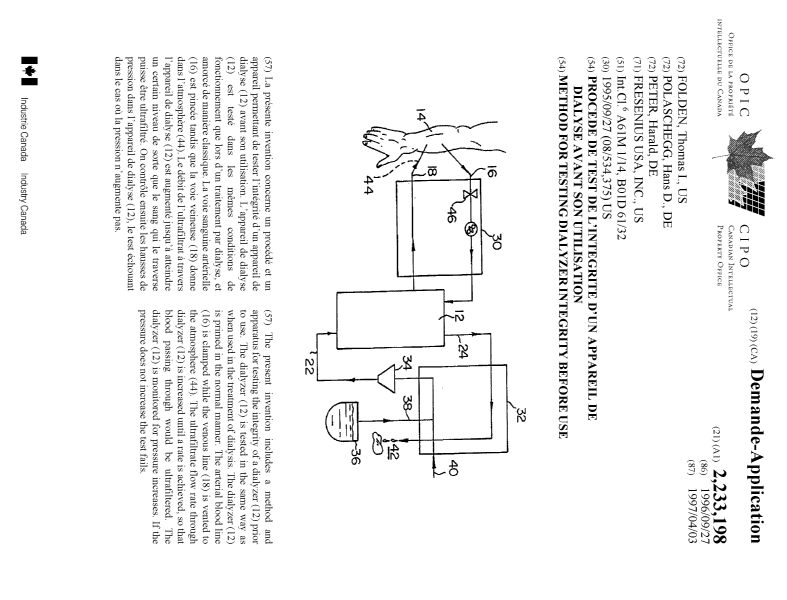 Canadian Patent Document 2233198. Cover Page 19971210. Image 1 of 1