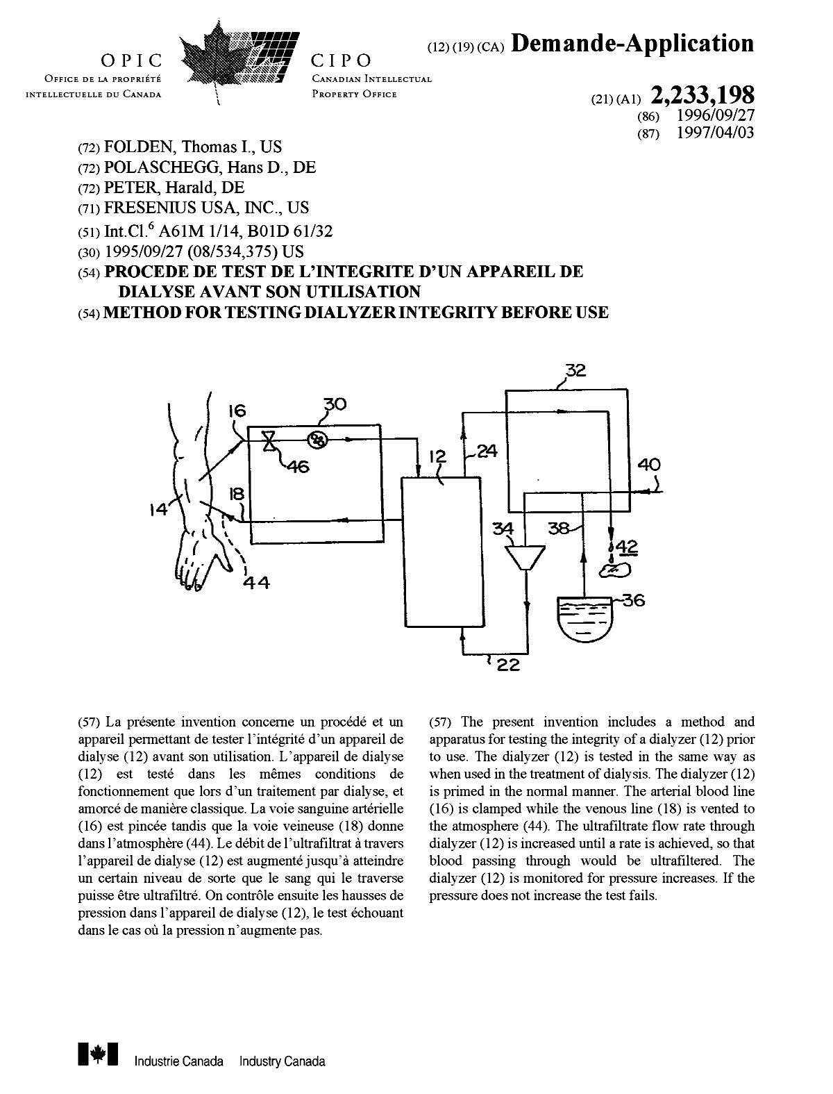 Document de brevet canadien 2233198. Page couverture 19971210. Image 1 de 1