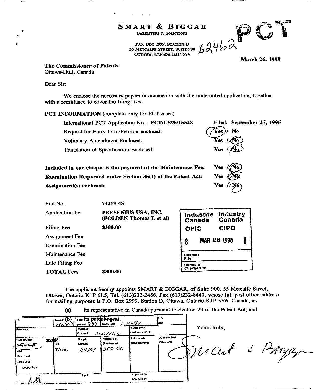 Canadian Patent Document 2233198. Assignment 19971226. Image 1 of 2