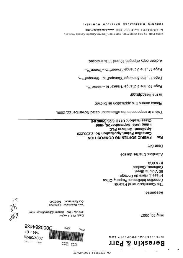 Canadian Patent Document 2233229. Prosecution-Amendment 20070522. Image 1 of 7