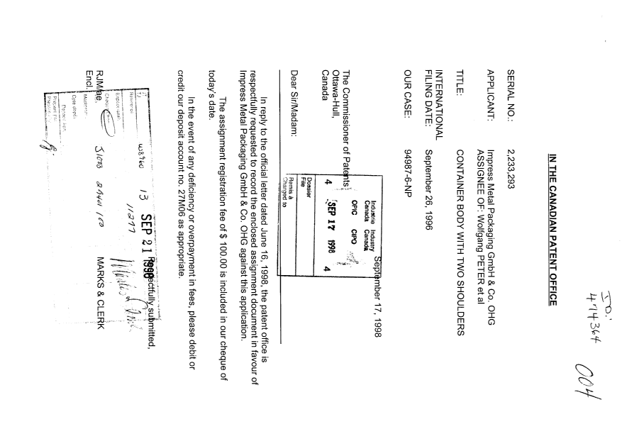Document de brevet canadien 2233293. Cession 19980917. Image 1 de 2
