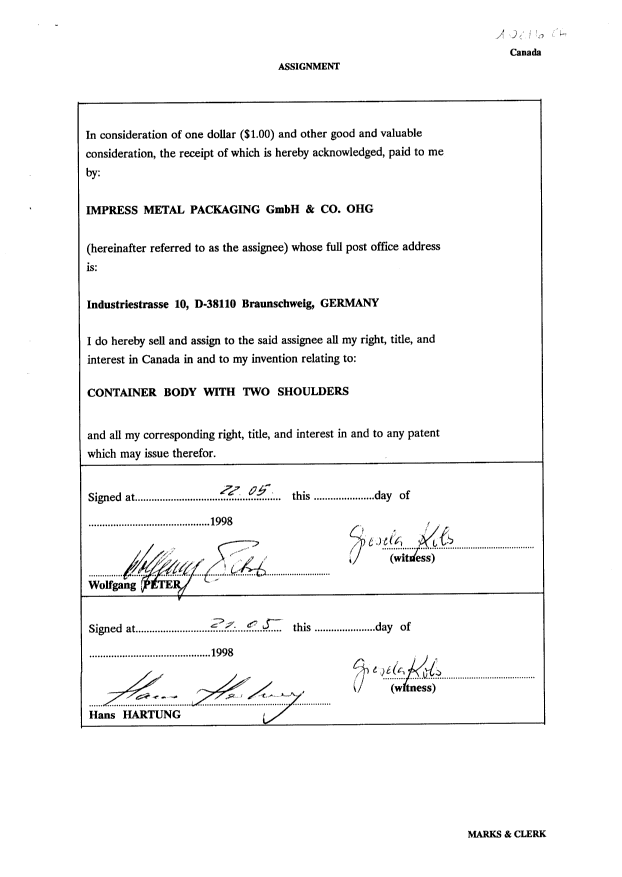 Document de brevet canadien 2233293. Cession 19980917. Image 2 de 2