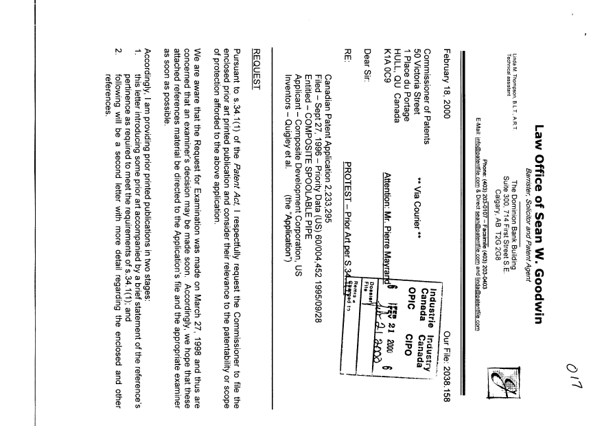 Canadian Patent Document 2233295. Prosecution-Amendment 20000221. Image 1 of 4