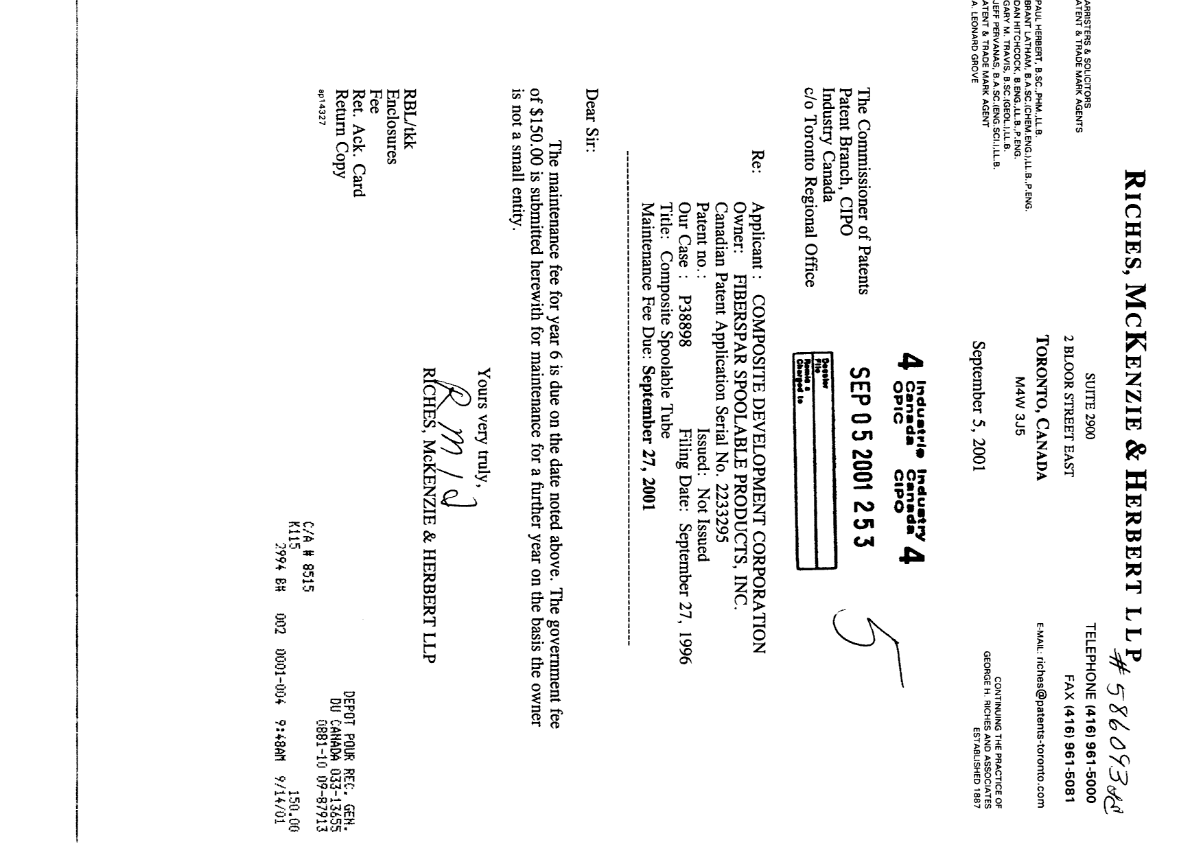 Document de brevet canadien 2233295. Taxes 20010905. Image 1 de 1