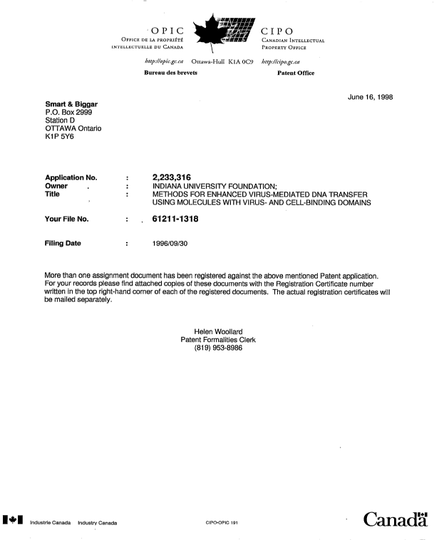 Document de brevet canadien 2233316. Correspondance 19980616. Image 1 de 1
