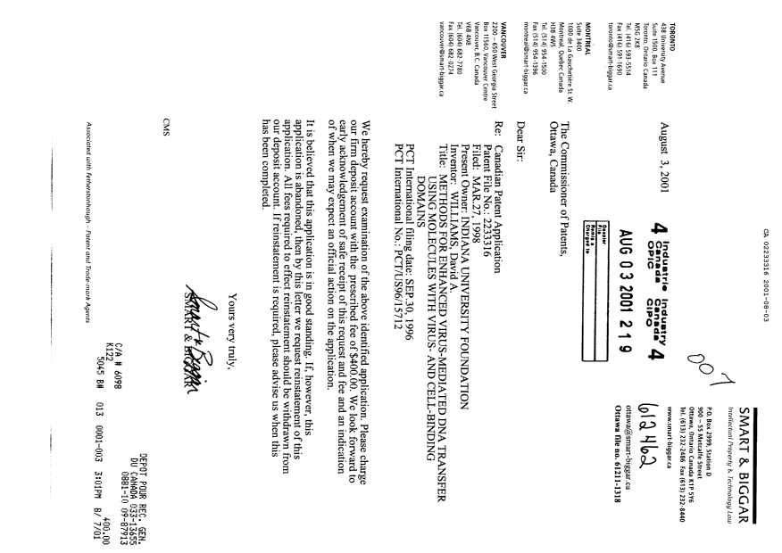 Canadian Patent Document 2233316. Prosecution-Amendment 20010803. Image 1 of 1