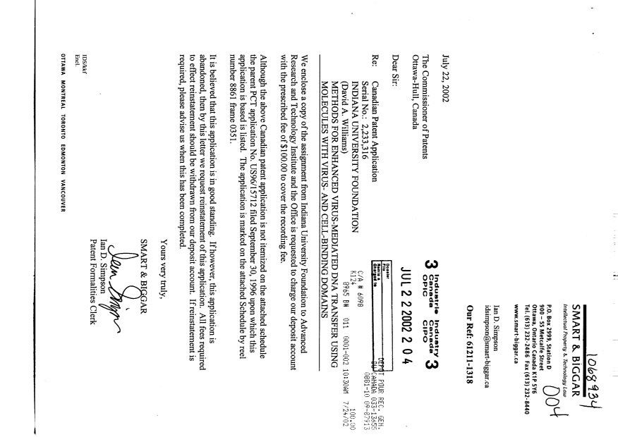 Canadian Patent Document 2233316. Assignment 20020722. Image 1 of 24