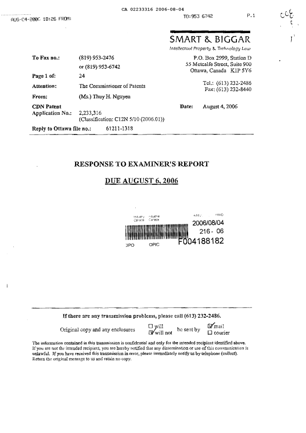 Document de brevet canadien 2233316. Poursuite-Amendment 20060804. Image 1 de 10