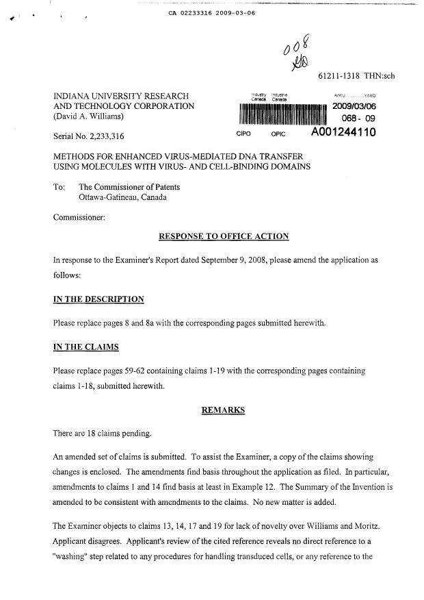 Document de brevet canadien 2233316. Poursuite-Amendment 20090306. Image 1 de 12
