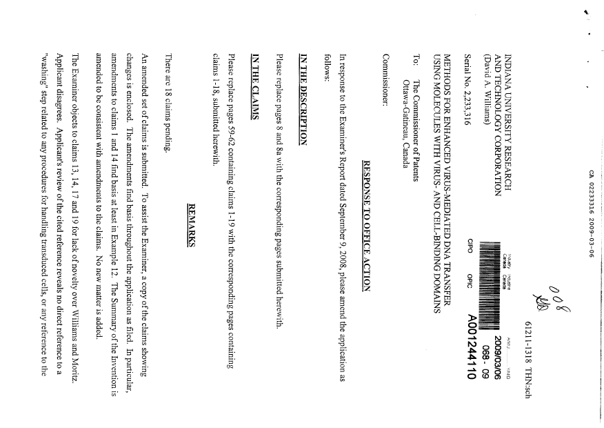 Canadian Patent Document 2233316. Prosecution-Amendment 20090306. Image 1 of 12