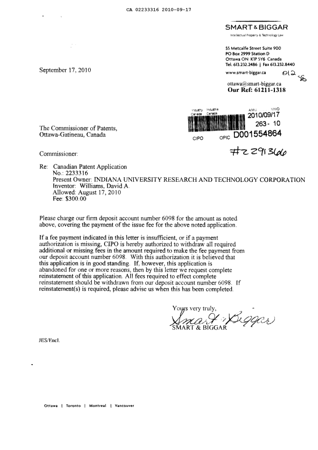 Document de brevet canadien 2233316. Correspondance 20100917. Image 1 de 1