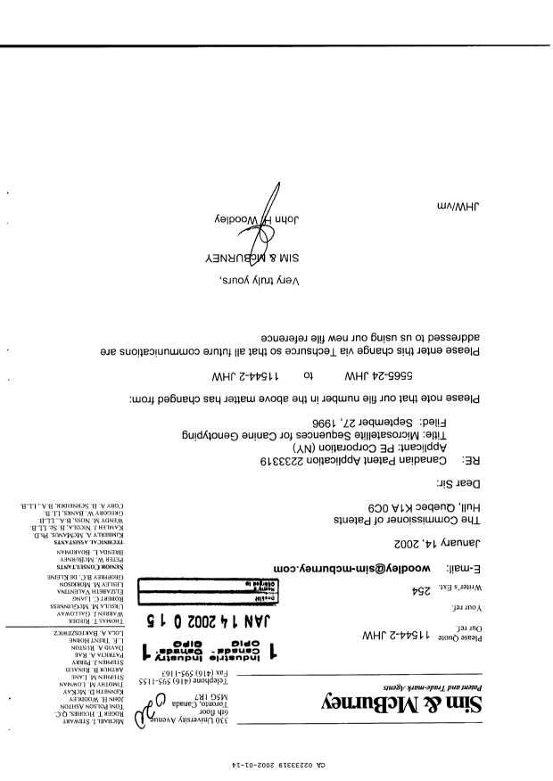 Canadian Patent Document 2233319. Correspondence 20020114. Image 1 of 1