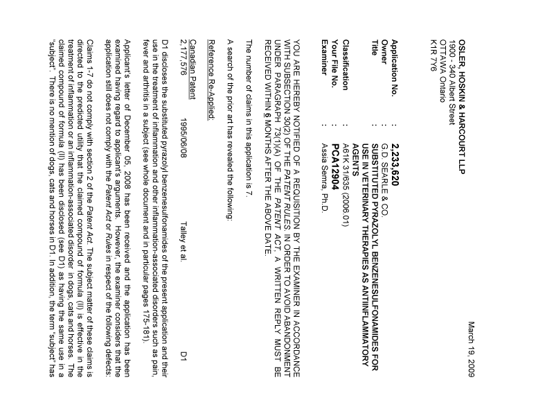 Document de brevet canadien 2233620. Poursuite-Amendment 20090319. Image 1 de 3
