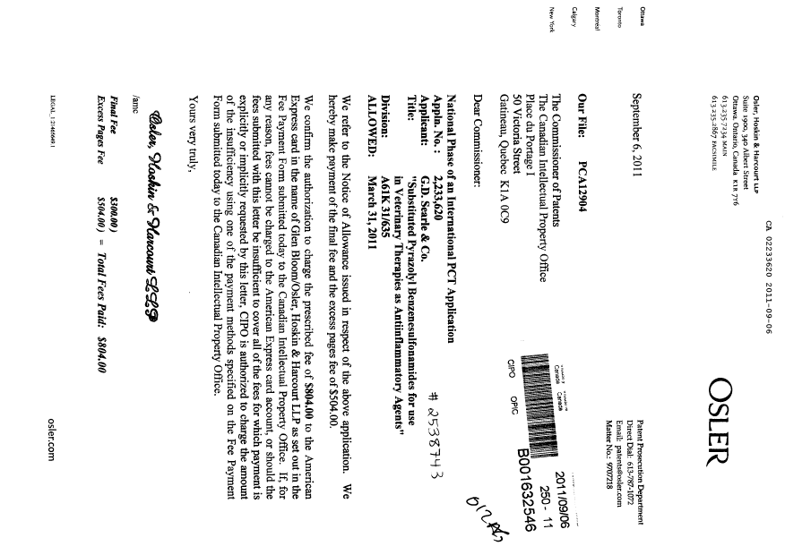 Document de brevet canadien 2233620. Correspondance 20110906. Image 1 de 1