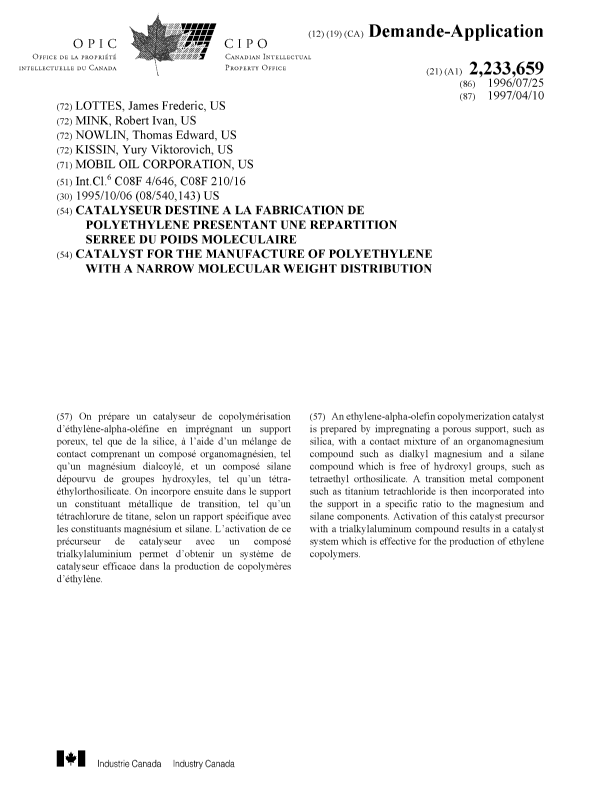 Document de brevet canadien 2233659. Page couverture 19980716. Image 1 de 1