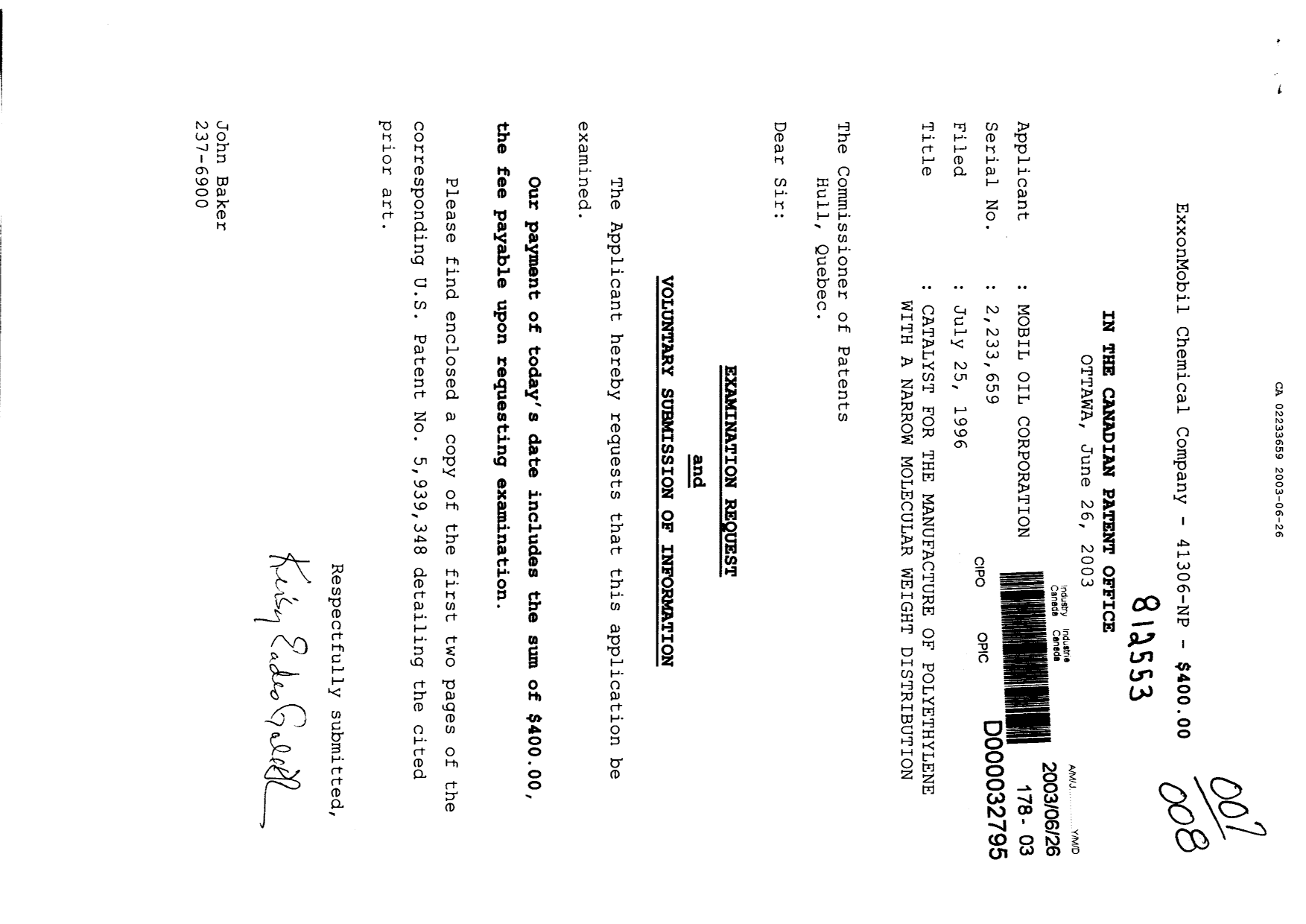 Canadian Patent Document 2233659. Prosecution-Amendment 20030626. Image 1 of 1
