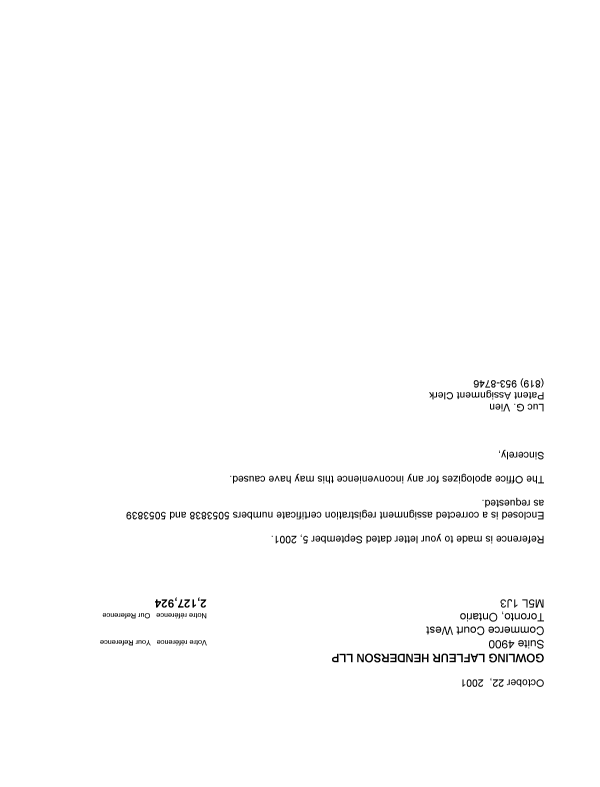 Canadian Patent Document 2233712. Correspondence 20011022. Image 1 of 1