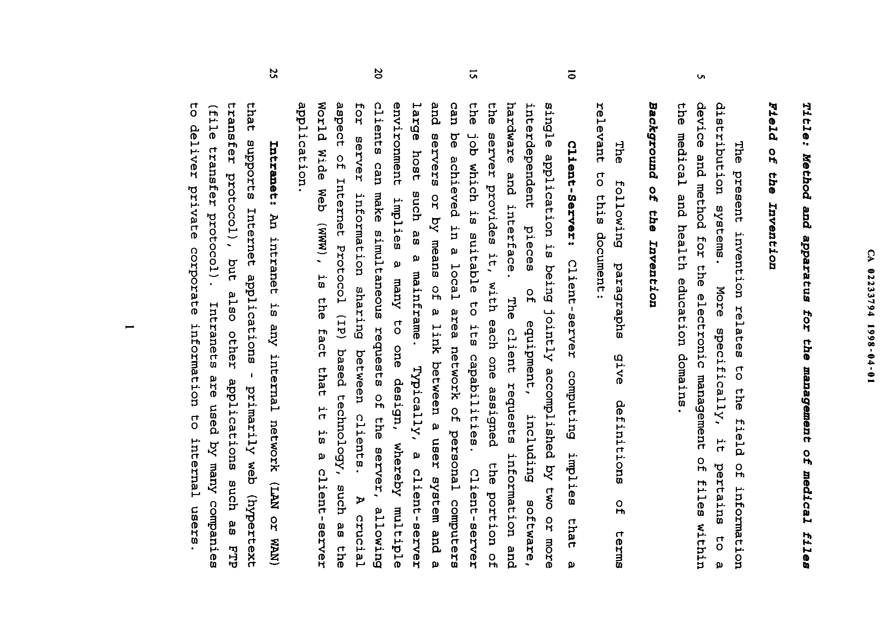 Canadian Patent Document 2233794. Description 19971201. Image 1 of 29